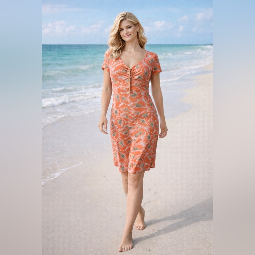 Tommy Bahama Dress Orange White Brown M Medium Short Sleeve Casual